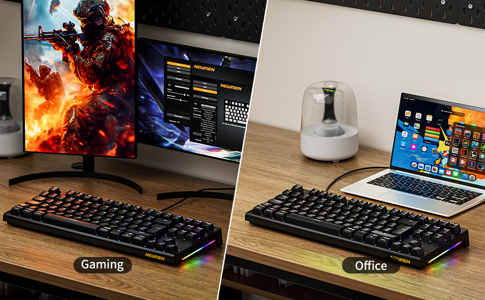 Multiple images of a backlit gaming keyboard with RGB lighting, showing separate arrow keys and illuminated keycaps against dark background.