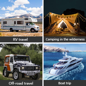 Text reads 'RV travel', 'Off-road travel', 'Camping in the wilderness', 'Boat trip'. Grid of outdoor adventure scenes showing various recreational vehicles and activities.