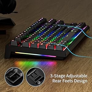 Text reads 'Detachable Type-C Cable'. Close-up of mechanical keyboard with illuminated keys, highlighting detachable USB Type-C port connection.