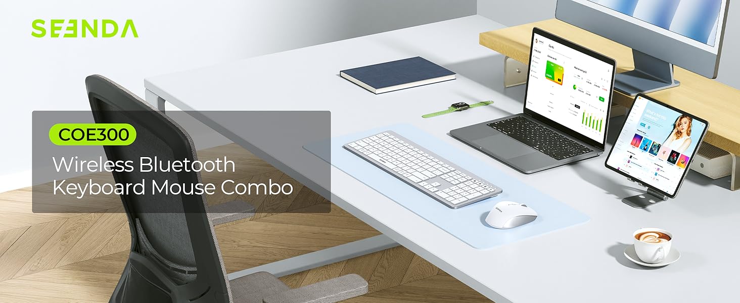 Text reads 'STENDA', 'OSLICO USB Rechargeable Keyboard Mouse Combo'. Desktop setup showing wireless keyboard and mouse with computer monitors.