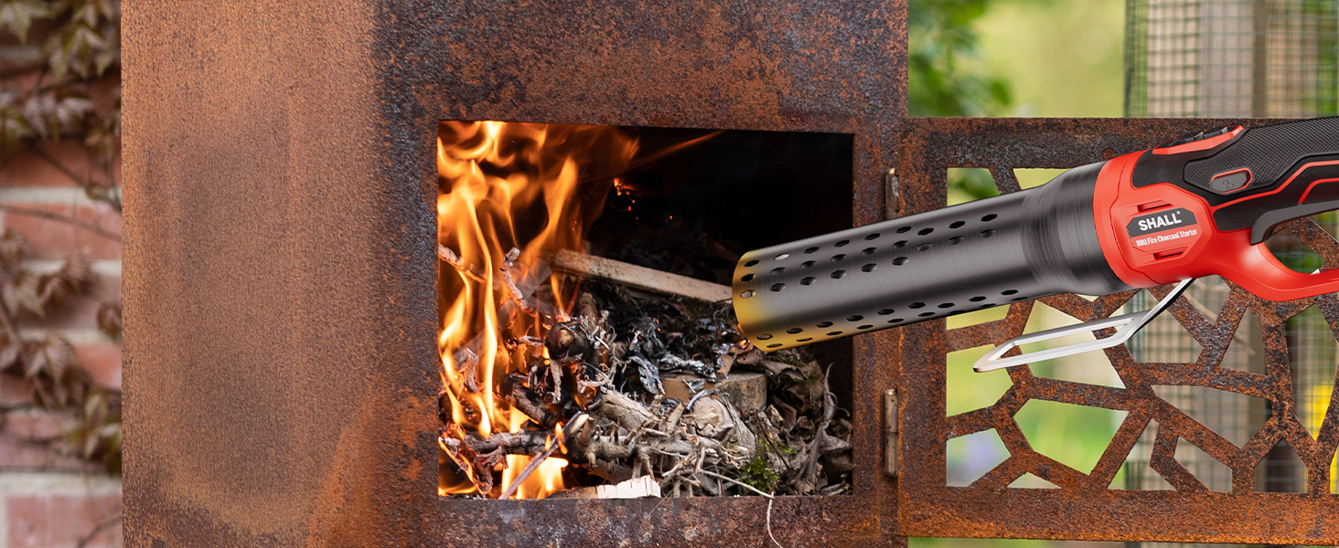 Text reads 'Fast & Safe Ignites Days' and 'High speed Air blowing makes it burn faster'. Product demonstration showing orange-red glowing heating element with air flow visualization.