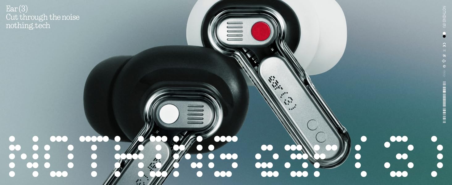 Text reads 'NOTHING 39.1/2'. Close-up of two black wireless earbuds or headphones with silver accents and red indicator light.