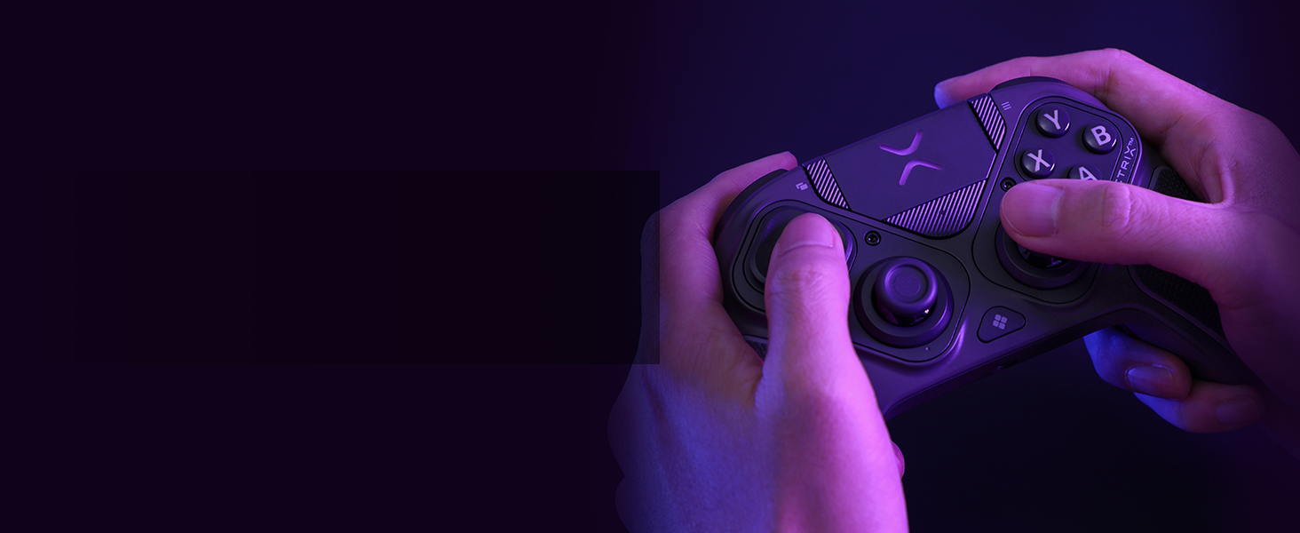 Close-up shot of hands holding gaming controller against dark purple background, showing detailed gaming interaction.