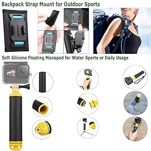 Text reads: 'Backpack Strap Mount for Outdoor Sports' and 'Soft Silicone Floating Monopod for Water Sports or Daily Usage'. Product diagrams showing mounting options and usage scenarios.