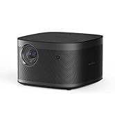 Compact home theater projector with square design. Black top, silver body with mesh grille. Front-facing lens and rounded corners. Sleek modern appearance suitable for home entertainment setups.