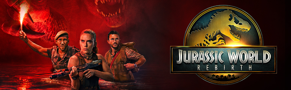 Text reads 'JURASSIC WORLD'. Movie promotional image featuring dramatic red-tinted scenes with iconic franchise logo.