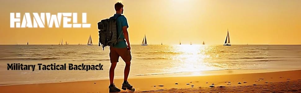 Text reads 'HANWELL Military Tactical Backpack'. Sunset sailing scene paired with product image showing tactical backpack specifications.