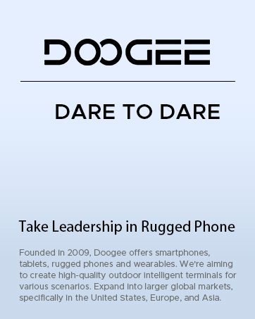 Infographic for Doogee brand, highlighting features: waterproof, drop-proof, dust-proof, personalized appearance, and power battery life. Black text and icons on light blue background.