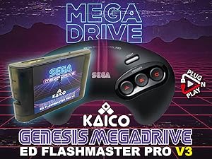 Text reads 'KAICO GENESIS MEGADRIVE ED FLASHMASTER PRO V3 Card via Cartridge Slot'. Retro-style gaming artwork with cartoon characters against purple starry background.