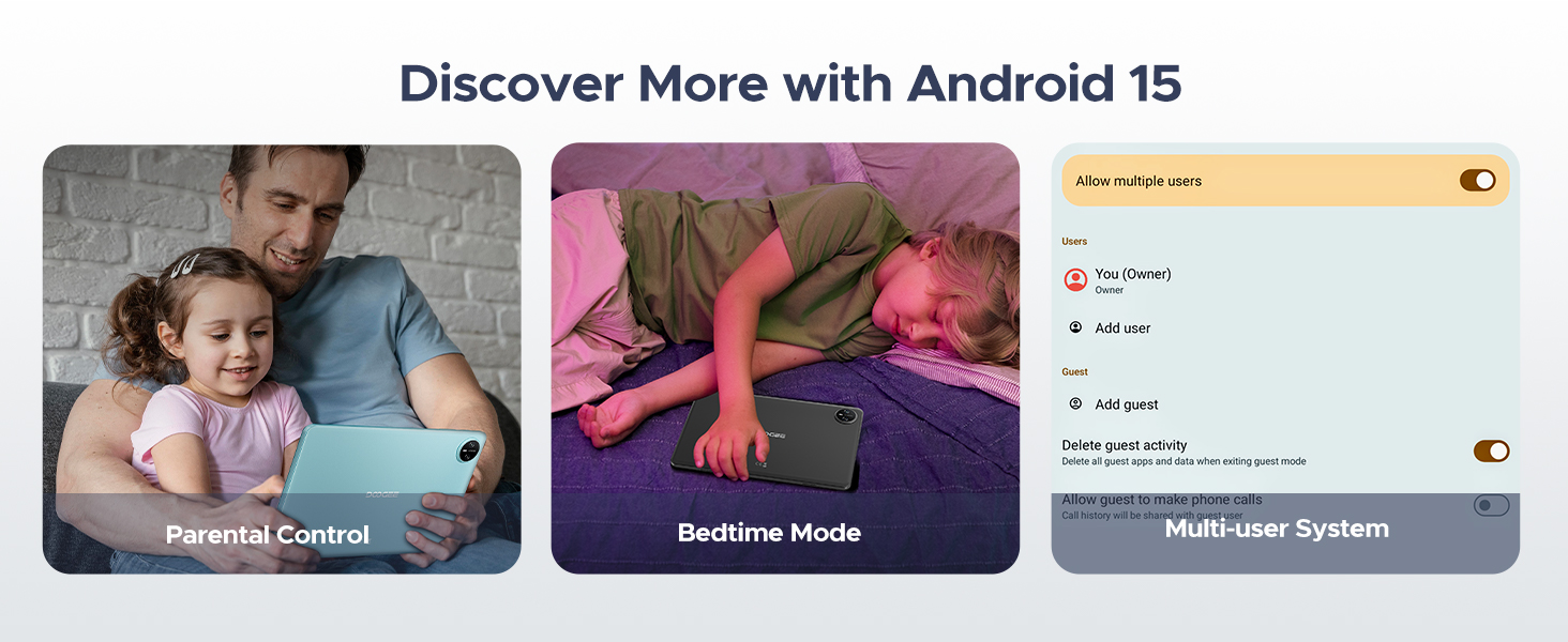 Text reads 'Discover More with Android 15'. Interface preview showing mobile app screens with messaging or social media functionality.