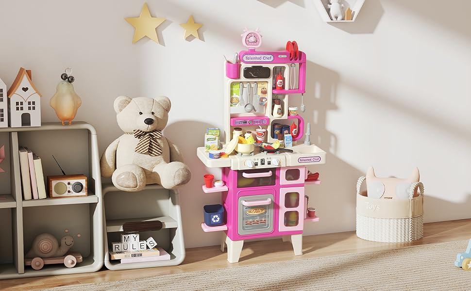 Series of images showing a pink and white children's toy kitchen playset in various angles, with multiple compartments and cooking station features visible.