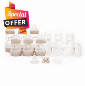 MAM Easy Start Anti-Colic Bottle Starter Set | Includes Components for 6X Bottles & MAM Original Start 0-2 Month Soother | Baby Gift Set of Newborn Essentials | Large (Various Designs)