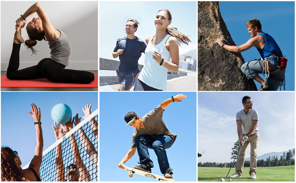 Montage of various outdoor sports and activities photos showing climbing, running, jumping, and volleyball scenes in active settings.