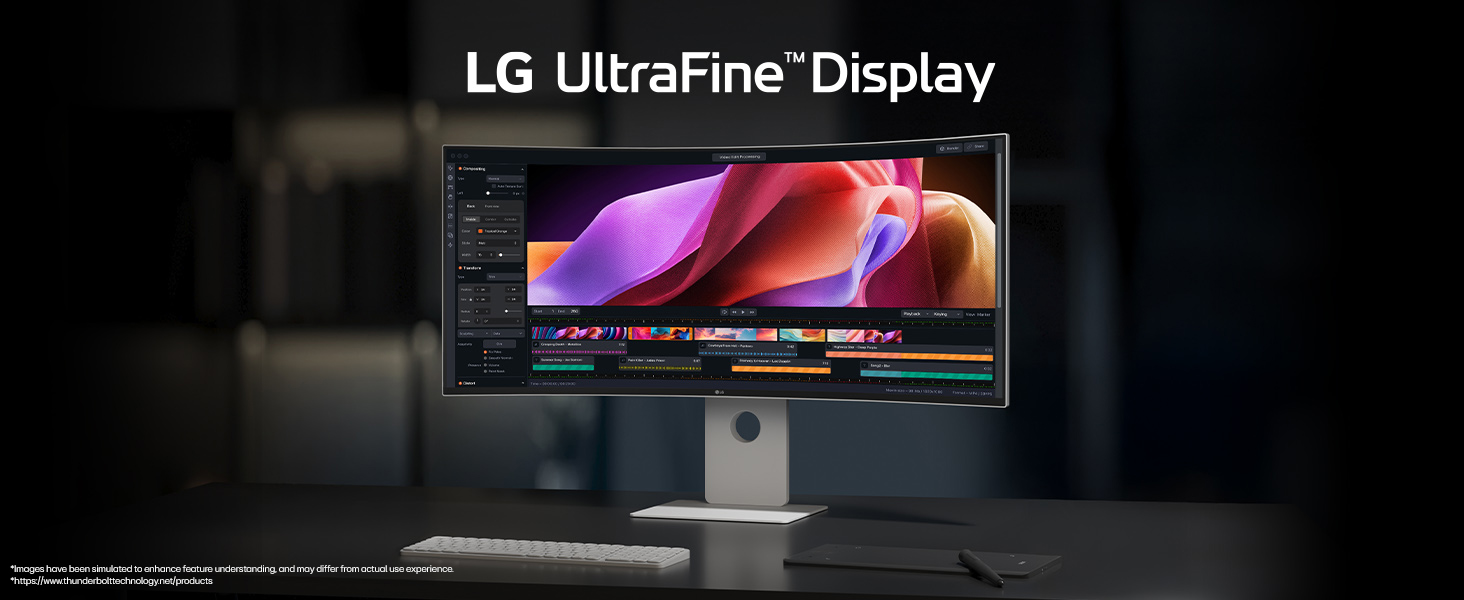 Text reads 'LG UltraFine Display'. Dark promotional image showing slim modern display monitor with ultra-thin bezel design.