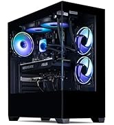 Black computer tower case with transparent side panel, showcasing internal components and four RGB cooling fans emitting purple light. Mesh front panel for airflow.