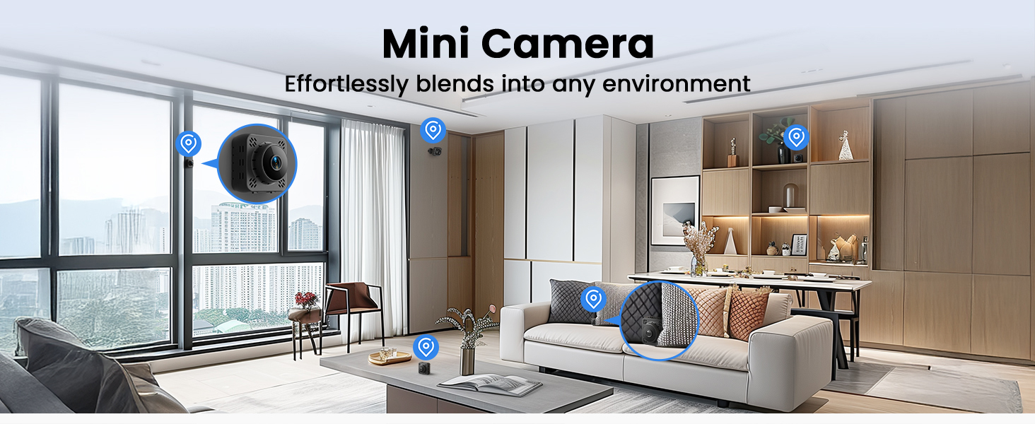 Modern living room interior with blue spheres indicating placement of mini cameras, demonstrating their discreet integration into the environment.