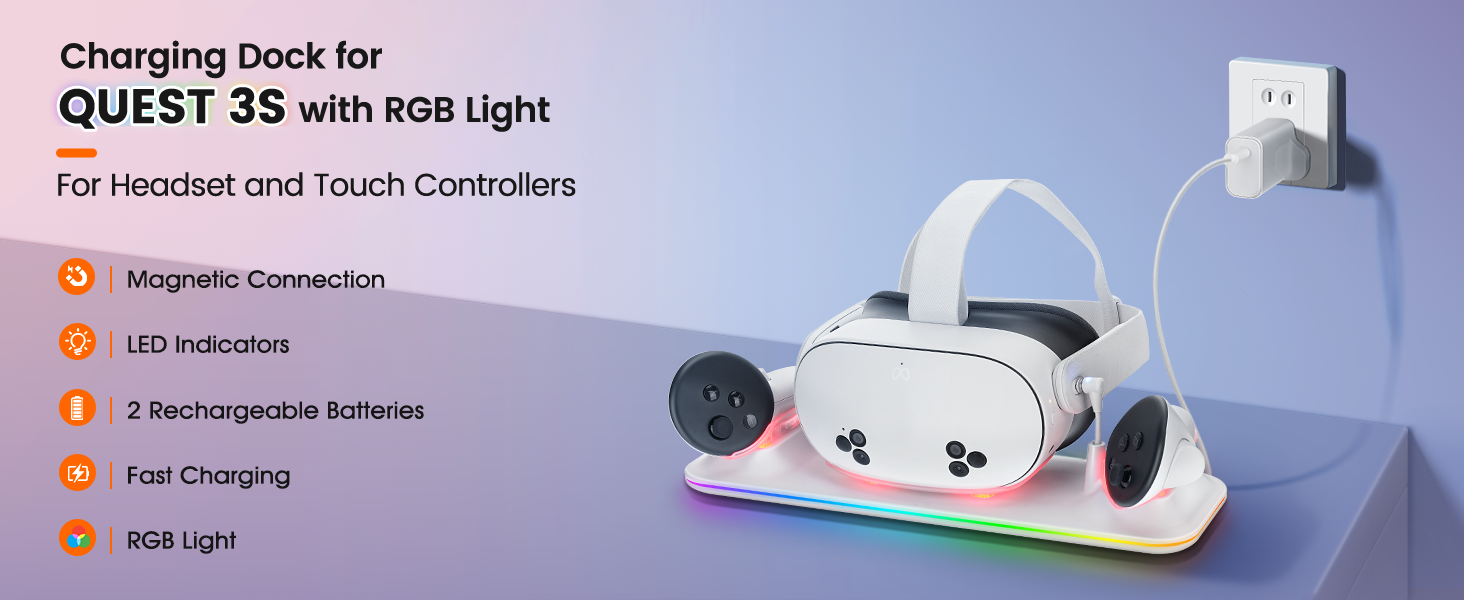 Text reads 'QUEST 3S with RGB Light', 'Charging Dock for', 'Magnetic Connection', 'LED Indicators', 'Fast Charging', 'RGB Light'. White charging dock with LED indicators.