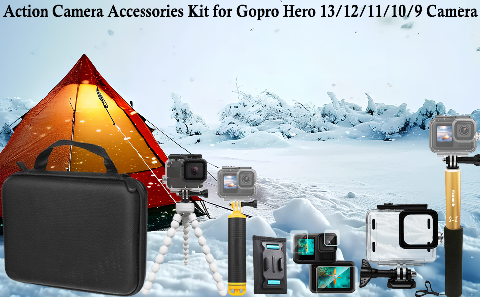 Text reads 'Action Camera Accessories list for Gopro Hero 12/11/11/10/9/8 Camera'. Display of camera equipment and accessories with orange tent in snowy mountain setting.
