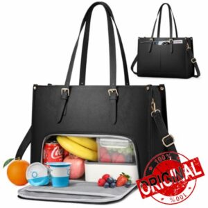 RAINSMORE Laptop Bags for Women with Insulated Leakproof Lunch Compartment 15.6 Inch Laptop Tote Work Bag PU Leather Ladies Handbag for Business Nurse Office Collage Casual