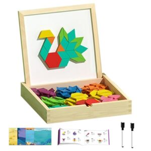 Wooden Pattern Blocks Puzzle - Educational Learning Math Toy | Magnetic Solid Wooden Blocks - for 4-8 Years Old Kids Children Boys Girls
