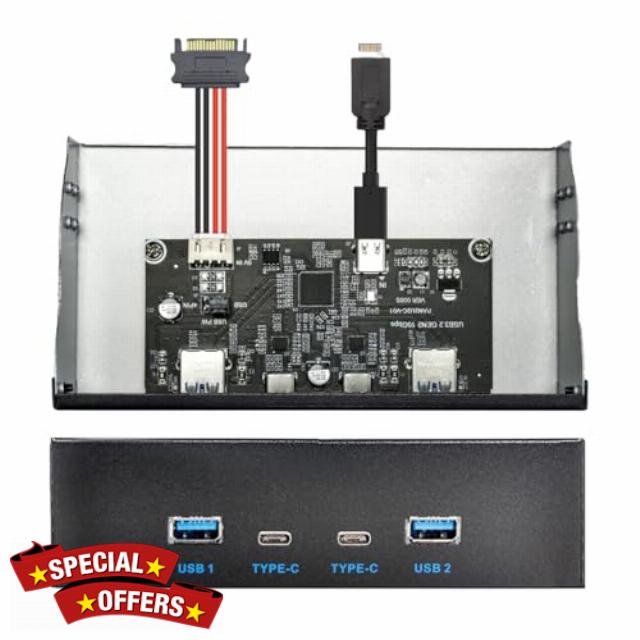 NFHK 10Gbps USB 3.1 Type-A & Type-C HUB 4 Ports Front Panel to Motherboard Type-E Connector Cable 10Gbps for 5.25" CD-ROM Bay Tray
