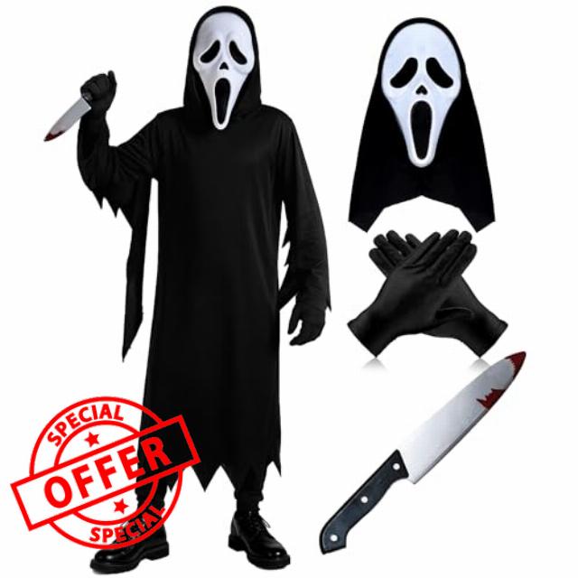 The Fancy Dress Ghost Face Costume Kids 4 Piece Set With Black Hooded Robe And Gloves