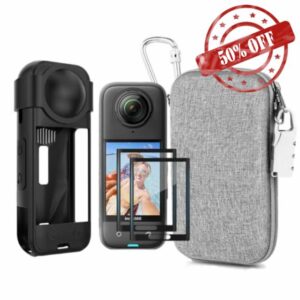 7in1 Compatible with Insta360 X5 Accessories Kit[Silicone Camera Case Cover and Lens Cap][2Pcs 3D Screen Protector Film][Carrying Case Bag with Auto Locking Carabiner and Anti-Loss Lock]