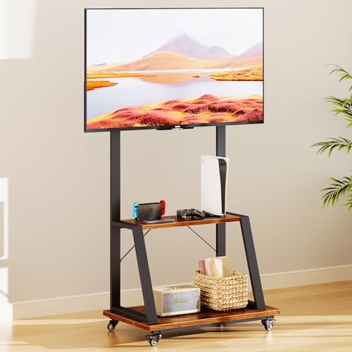 Adjustable Height TV Cart with Bracket Mount max VESA 600x500mm max 80kgs with 2 Tier Storage Shelves for Bedroom