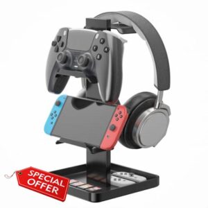 Josmimic Upgraded Headphone Stand & Controller Holder – Metal Headset Hanger with Bottom Storage for Headphones