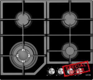 HYE 4 Burner Gas Hob – Built-In Black Glass Gas Hob with Triple Ring Wok Burner