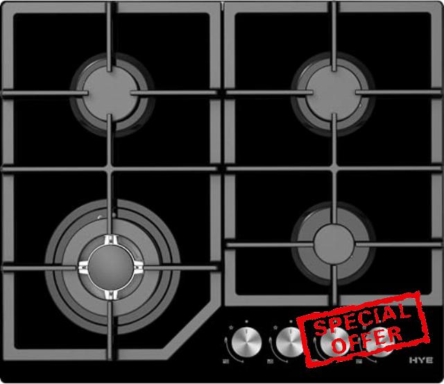 HYE 4 Burner Gas Hob – Built-In Black Glass Gas Hob with Triple Ring Wok Burner