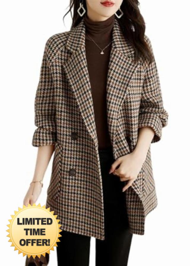 Women's Autumn Winter New Lapel Houndstooth Wool Coat