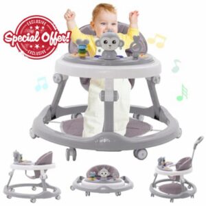 Baby Walker Foldable 3-in-1 Walker with Seat and Foot Pads Push Along Walkers with Light Song and Sound Anti-Rollover Baby Seat with Adjustable Height Compact Walker for Girls Boys