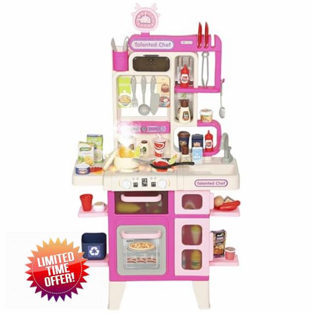 AIYAPLAY Kids Play Kitchen Toy Kitchen Pretend Role Play Set 104PCS Accessories Including Realistic Lights & Sounds