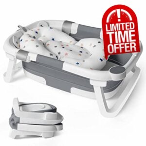 Baby Bath Foldable Tub Collapsible Bathtub Baby Bath Essentials for Newborn with Seat Support Cushion Stand Folding Baths for Toddler 0-12 Months Travel Portable Infant Tubs Soft Bathing Kids Grey