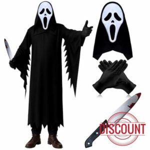 The Fancy Dress Ghost Face Costume For Adults 4 Piece Set With Black Hooded Robe And Gloves