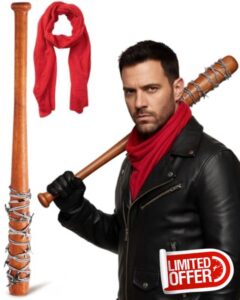 Liliful Halloween Wood Baseball Bat 27 Inch Barb Wire Baseball Bat Cosplay with Red Crinkle Vintage Soft Neck Scarf for Halloween Props Party Decoration Costume Accessory