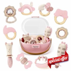 Baby Girl Baby Toys 0-6 Months Newborn Essentials 10pcs Rattles Teething Sensory with Storage Box(Pink)