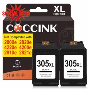 COCCINK 305XL Black Ink Cartridges Compatible with HP DeskJet 2700 2710 2720e Deskjet 4100 4130e 4110e Envy 6000 6010e 6020e 6030e Envy 6400 6420 6430 6432 with HP 305 Ink Cartridges 2 Black Pack