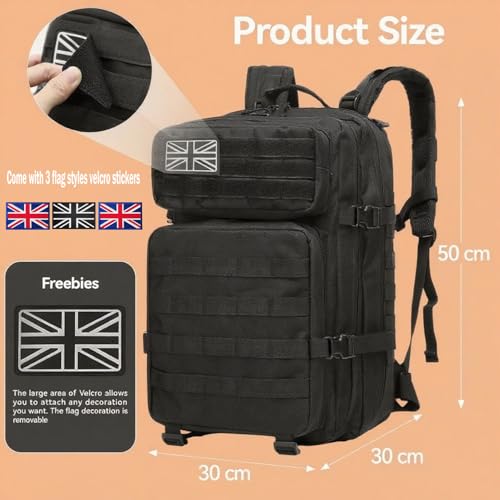 Molle Army Assault Pack 3 Day Bug Out Bag Rucking Backpack for Outdoor Sports Trekking Hiking Travel Camping Hunting Rucksack with 3 Flag Patches