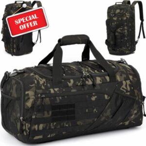 45L Tactical Sports Duffle Bag for Men Military Gym Bag Medium Travel Duffel Holdall Backpack with Shoe Compartment & Wet Pocket 3-in-1 Weekend Bags for Training