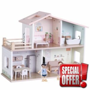 Introductory Offer - Jumini Wooden Dolls House – Modern Open Plan Dollhouse with 2 Dolls & 15 Furniture Accessories