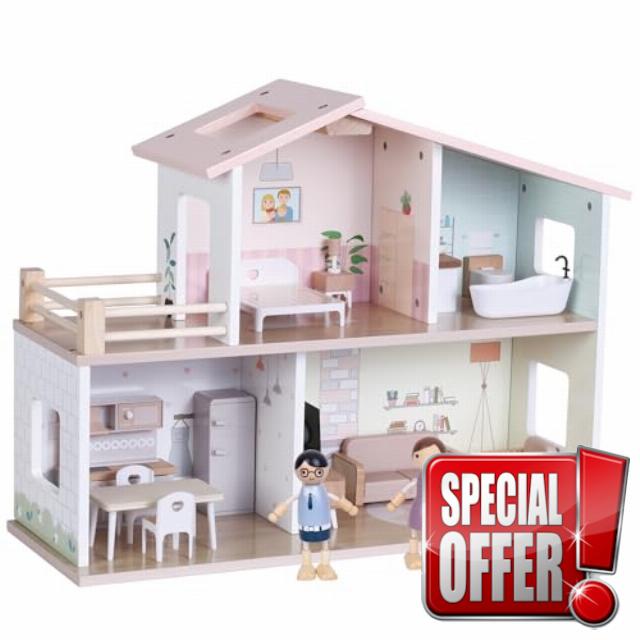 Introductory Offer - Jumini Wooden Dolls House – Modern Open Plan Dollhouse with 2 Dolls & 15 Furniture Accessories