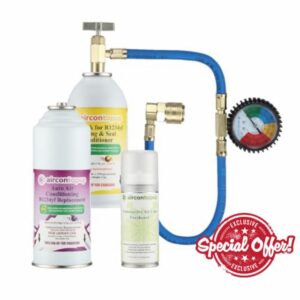 AirconTopup Car Aircon R1234yf Compatible Refrigerant x1 Leak Sealer x1 for Hybrid or Electric Vehicles Sanitiser x1 with Filler Ki