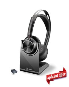 POLY Voyager Focus 2 UC Wireless Headset w/Microphone & Charge Stand - Compatible with PCs via included BT700 Bluetooth adapter or via USB cable; - Connect PC/Mac/Mobile via Bluetooth Black
