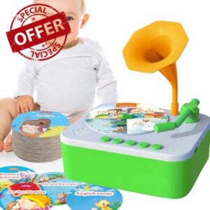 Xujuika Kids Gramophone with 96 Cards - Kids Phonograph Toddler Record Player - Sensory Learning Educational Storytelling Music Box for 3+ Years Boys Girls Daughter Children So