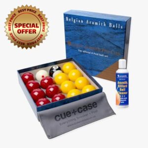 Super Aramith Pro Cup Red and Yellow 2” (50.8mm) English Pool Ball Set with 1 7/8” (47.6mm) Spotted Cue Ball – As Used in IPA