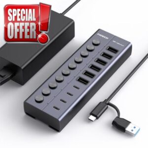 FIDECO 60W Powered USB Hub for Laptop and PC