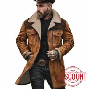 Vintage Cowboy Suede Jacket for Men - Western Sherpa-Lined Faux Leather Coat with Plush Collar