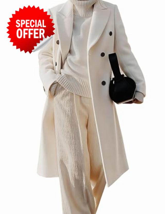 Women's Long Double Breasted Wool Blend Trench Coat Lapel Collar with Side Pockets for Autumn Winte